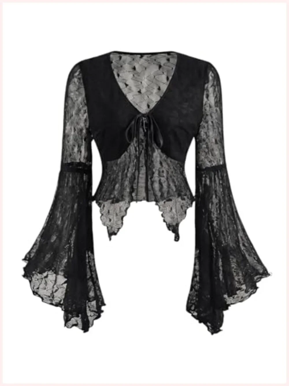 Sheer Lace Crop Top V Neck Flounce Long Sleeve Knot Front Asymmetrical Mesh